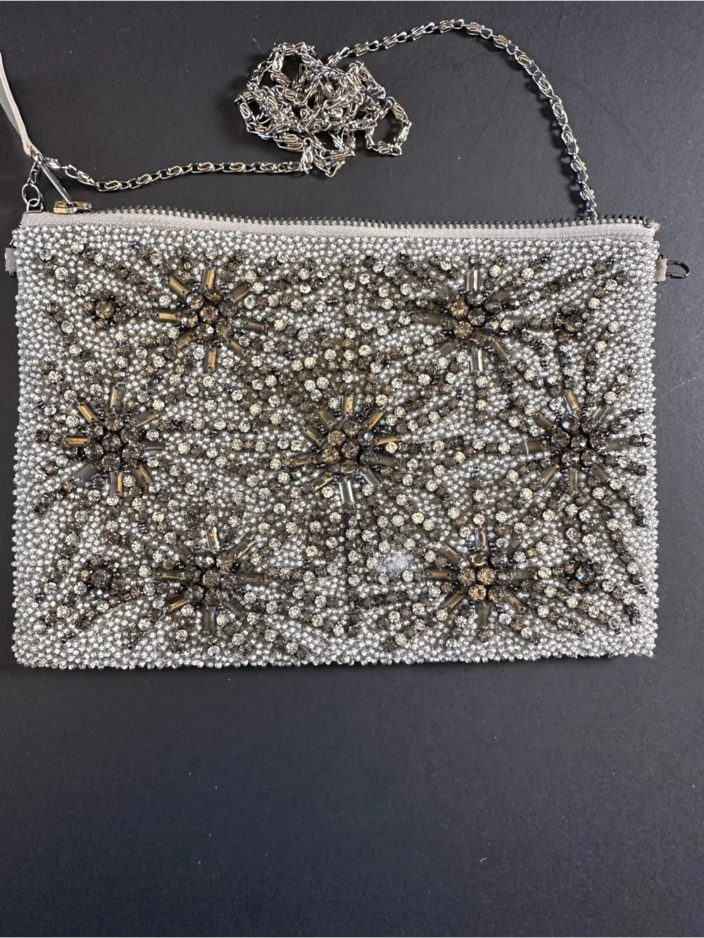 G-LISH Silver Rhinestone Beaded Evening Clutch Crossbody | Crystal Starburst